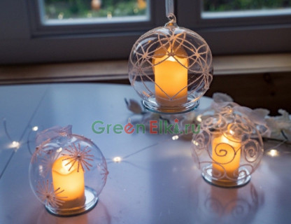 Украшение на елку Свеча в Шаре 10х10 см., орнамент снежинки, тёплый белый LED-огонь, Edelman, арт. 1088131-3