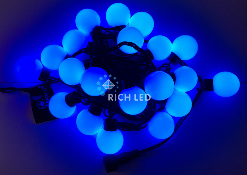 Светодиодная гирлянда большие шарики Rich LED 5 м, 20 шариков, 220 В, соединяемая, синяя, черный провод, арт. RL-S5-20C-40B-B/B