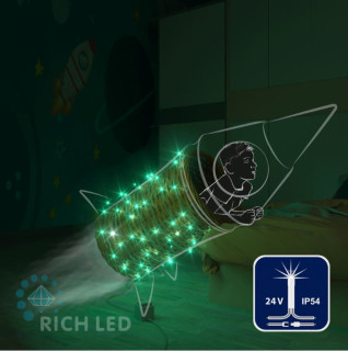 Светодиодная гирлянда Rich LED 10 м, 100 LED, 24 В, соединяемая, зеленая, мерцающая, прозрачный провод, арт. RL-S10CF-24V-T/G