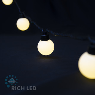 Светодиодная гирлянда большие шарики Rich LED 5 м, 20 шариков, 220 В, соединяемая, теплая белая, черный провод, арт. RL-S5-20C-40B-B/WW