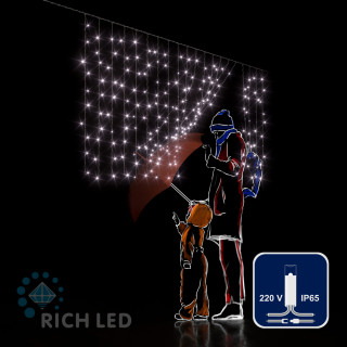 Светодиодный занавес Rich LED 2*1 м, облегченный, влагозащитный колпачок, белый, прозрачный провод, арт. RL-CS2*1-CT/W