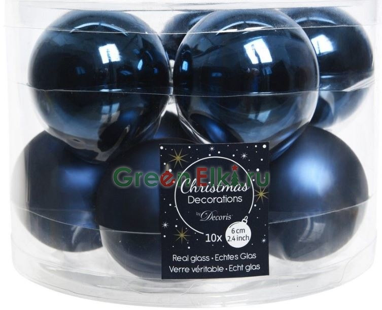Набор стеклянных шаров 60 мм., глянцевые и матовые, синий, 10 шт., Kaemingk, арт. 140448