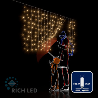 Светодиодный занавес Rich LED 2*1 м, облегченный, влагозащитный колпачок, теплый белый, прозрачный провод, арт. RL-CS2*1-CT/WW