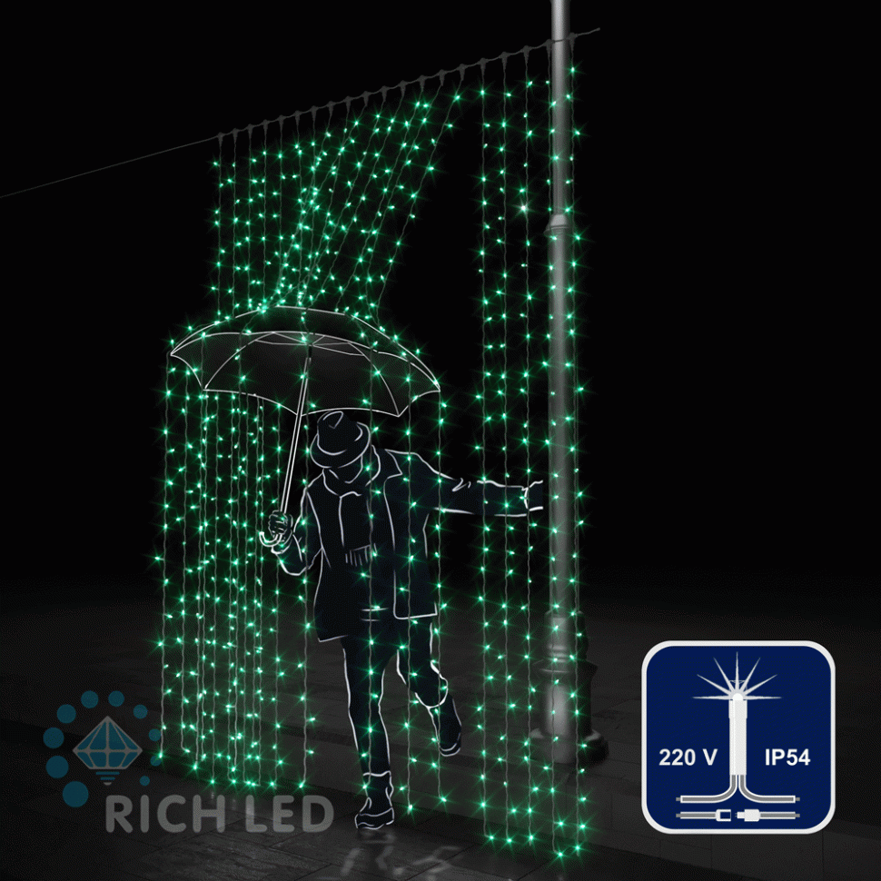 Светодиодный занавес Rich LED 2*3 м, зеленый, мерцающий, прозрачный провод, арт. RL-C2*3F-T/G