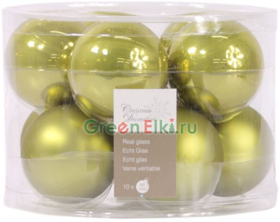 Набор стеклянных шаров 60 мм., глянцевые и матовые, оливковый, 10 шт., Kaemingk, арт. 167205