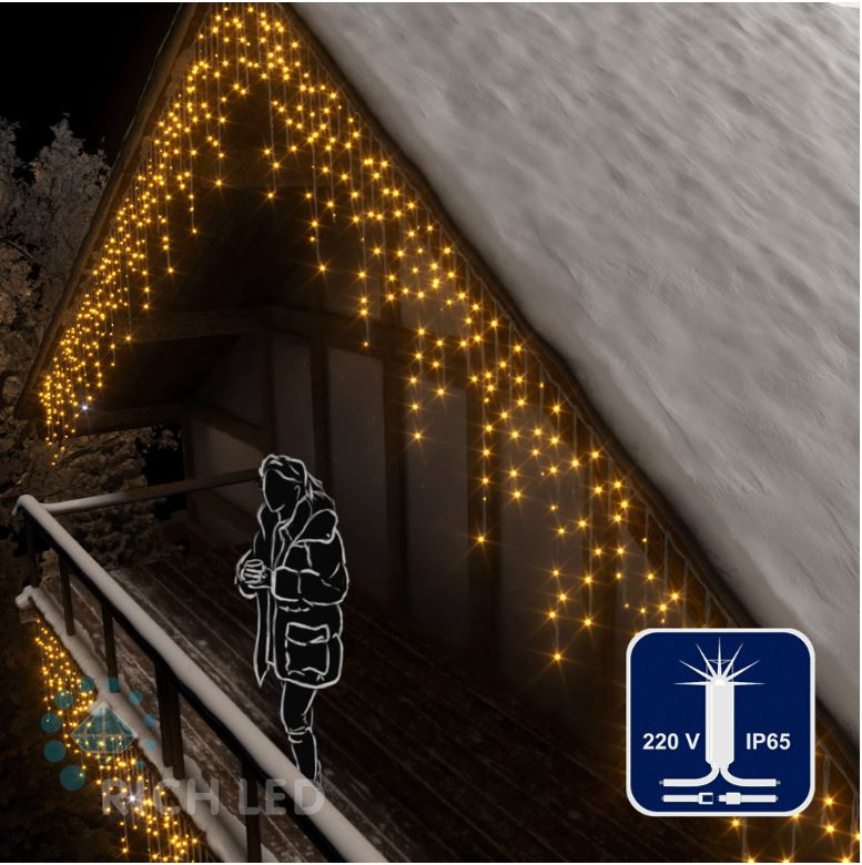 Светодиодная бахрома Rich LED, 3*0.9 м, влагозащитный колпачок, мерцающая, желтая, белый провод, арт. RL-i3*0.9F-CW/Y