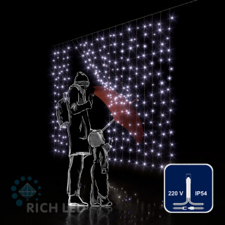 Светодиодный занавес Rich LED 2*1.5 м, облегченный, белый, прозрачный провод, арт. RL-CS2*1.5-T/W