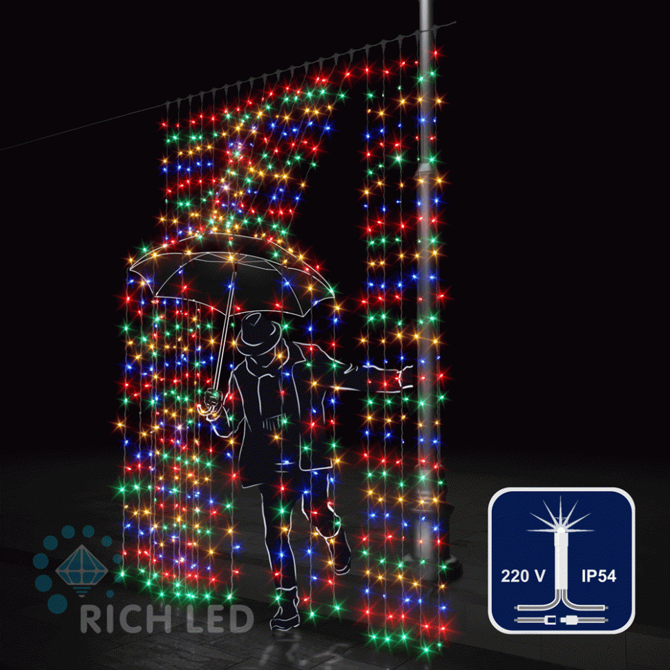 Светодиодный занавес Rich LED 2*3 м, мульти, мерцающий, прозрачный провод, арт. RL-C2*3F-T/M