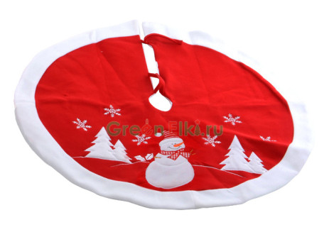 Декоративное покрывало под елку Снеговик в снежном лесу 89 см., белый, красный, Kaemingk, арт. 611838-снеговик