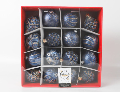 Набор пластиковых шаров Бель Вестито, синий с золотом 80 мм, 16 шт, Kaemingk арт. 220023