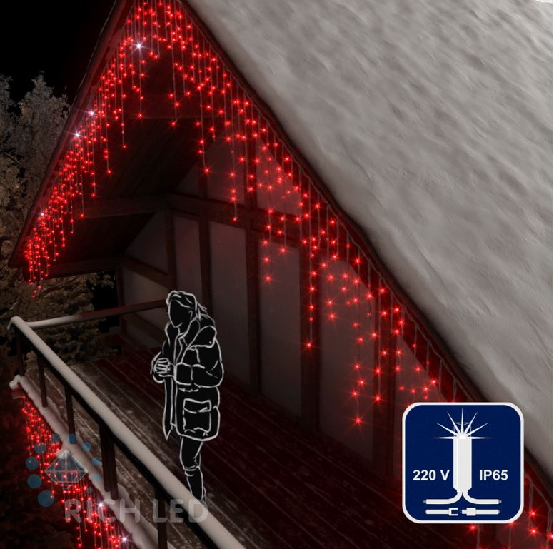 Светодиодная бахрома Rich LED, 3*0.9 м, влагозащитный колпачок, мерцающая, красная, белый провод, арт. RL-i3*0.9F-CW/R