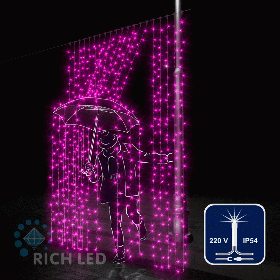 Светодиодный занавес Rich LED 2*3 м, розовый, мерцающий, прозрачный провод, арт. RL-C2*3F-T/P