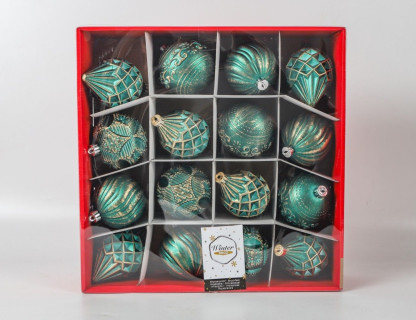 Набор пластиковых шаров Бель Вестито, зеленый с золотом 80 мм, 16 шт, Kaemingk арт. 220024