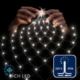 Светодиодная сетка Rich LED 2*1.5 м, белая,192 LED, 220 B, прозрачный провод, арт. RL-N2*1.5-T/W