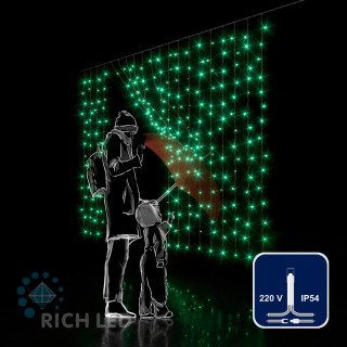 Светодиодный занавес Rich LED 2*1.5 м, облегченный, зеленый, прозрачный провод, арт. RL-CS2*1.5-T/G