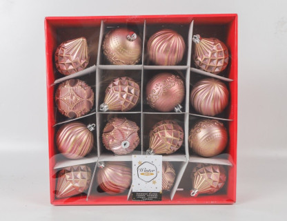 Набор пластиковых шаров Бель Вестито, розовый с золотом 80 мм, 16 шт, Kaemingk арт. 220025