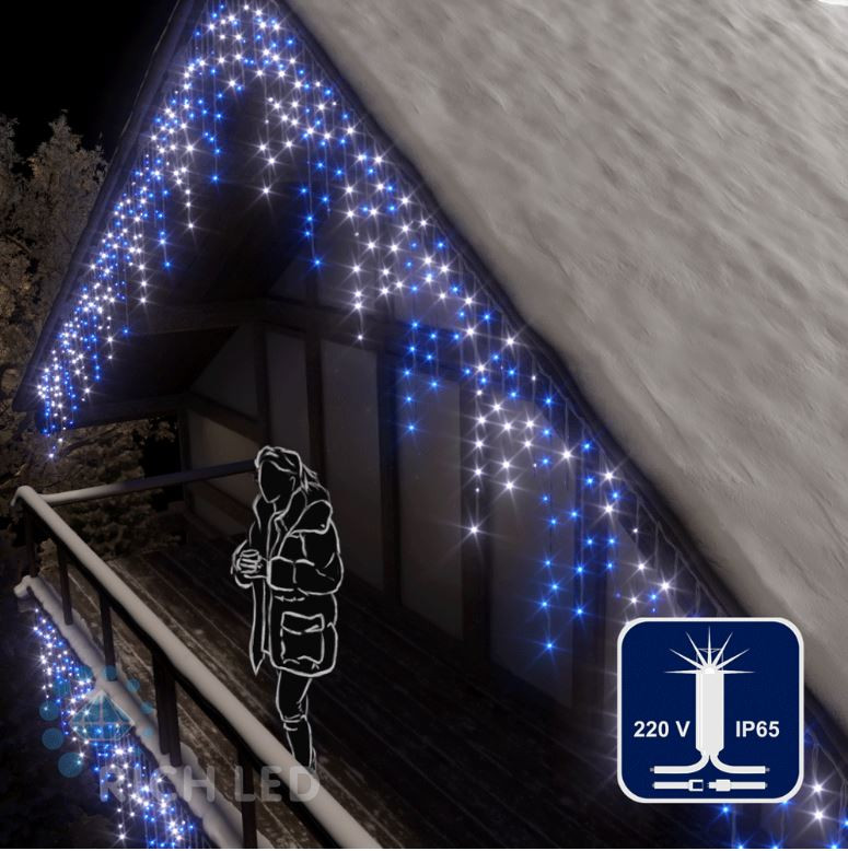 Светодиодная бахрома Rich LED, 3*0.9 м, влагозащитный колпачок, мерцающая, сине-белая, белый провод, арт. RL-i3*0.9F-CW/BW