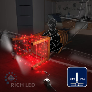 Светодиодная гирлянда Rich LED 10 м, 100 LED, 24 В, соединяемая, красная, прозрачный провод, арт. RL-S10C-24V-T/R