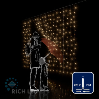 Светодиодный занавес Rich LED 2*1.5 м, облегченный, теплый белый, прозрачный провод, арт. RL-CS2*1.5-T/WW