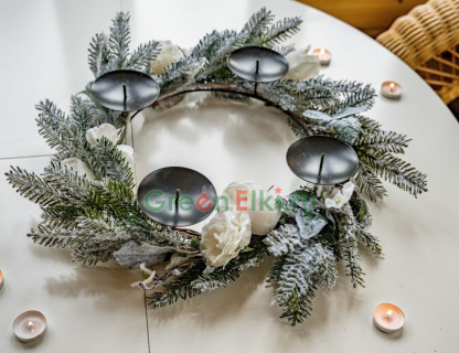Подсвечник-венок Зимний Сад заснеженный на четыре свечи, 60 см, KAEMINGK, арт. 688012