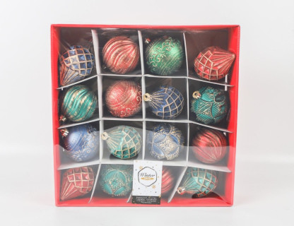 Набор пластиковых шаров Бель Вестито, красный, зеленый, синий с золотом 80 мм, 16 шт, Kaemingk арт. 220026