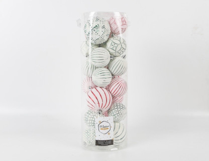 Набор пластиковых шаров Вальцер Ленто, белый с зеленым и красным 60-80 мм, 24 шт, Kaemingk арт. 220031