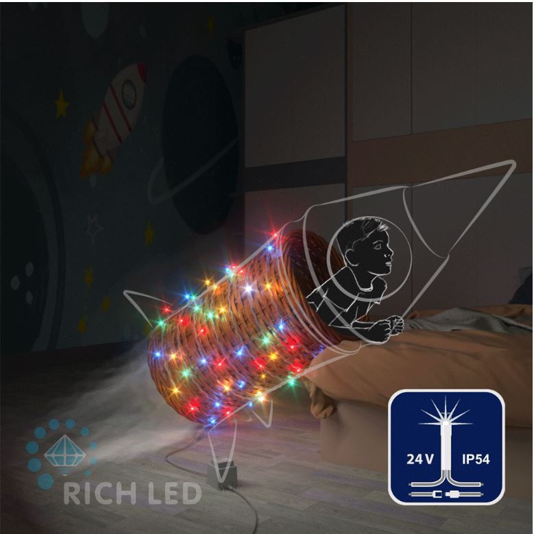 Светодиодная гирлянда Rich LED 10 м, 100 LED, 24 В, соединяемая, мульти, мерцающая, прозрачный провод, арт. RL-S10CF-24V-T/M