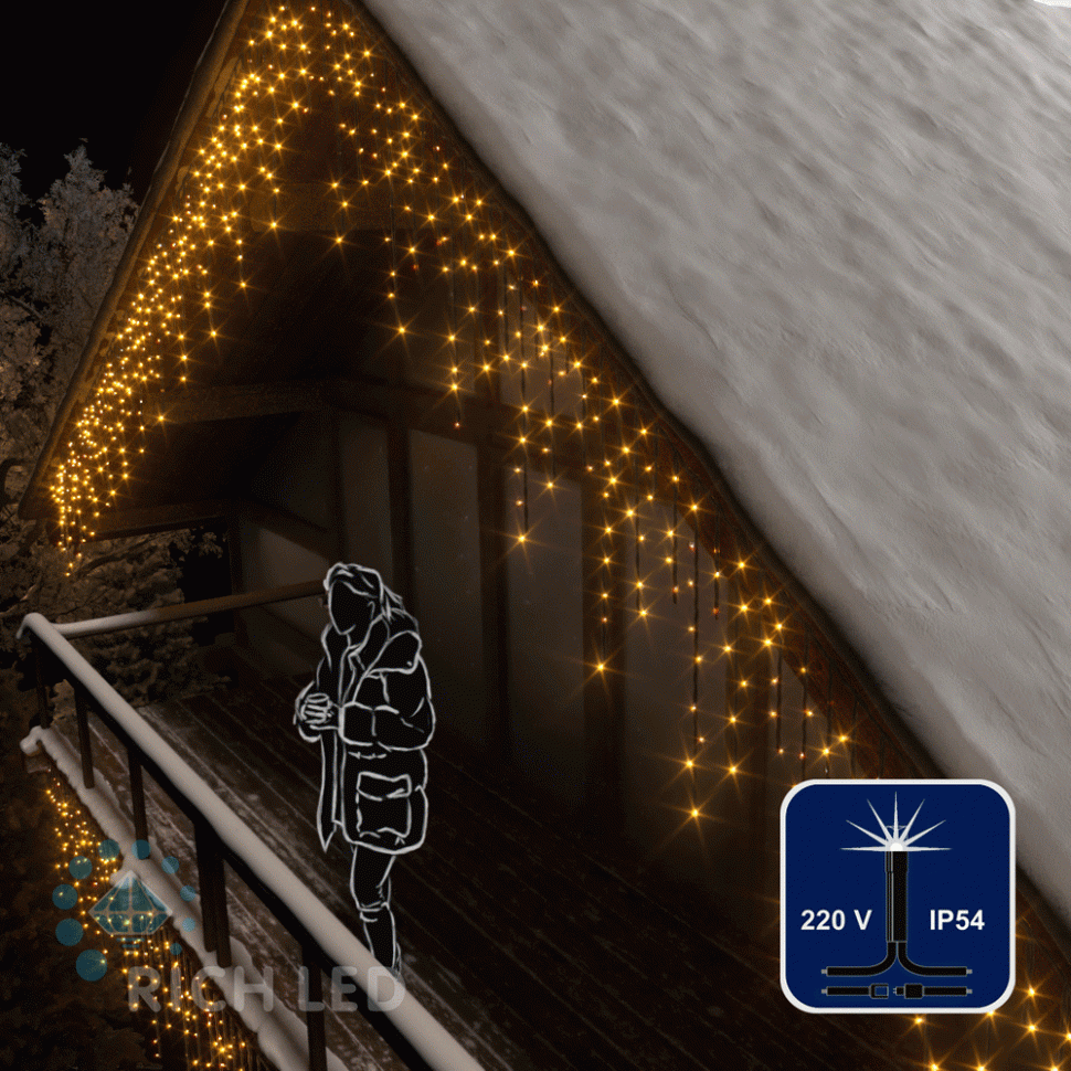 Светодиодная бахрома Rich LED, 3*0.9 м, желтая, мерцающая, черный провод, арт. RL-i3*0.9F-B/Y