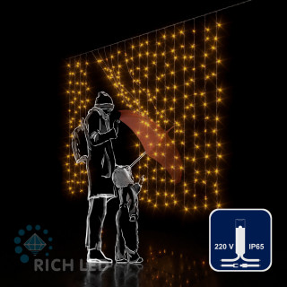 Светодиодный занавес Rich LED 2*1.5 м, облегченный, влагозащитный колпачок, желтый, белый провод, арт. RL-CS2*1.5-CW/Y