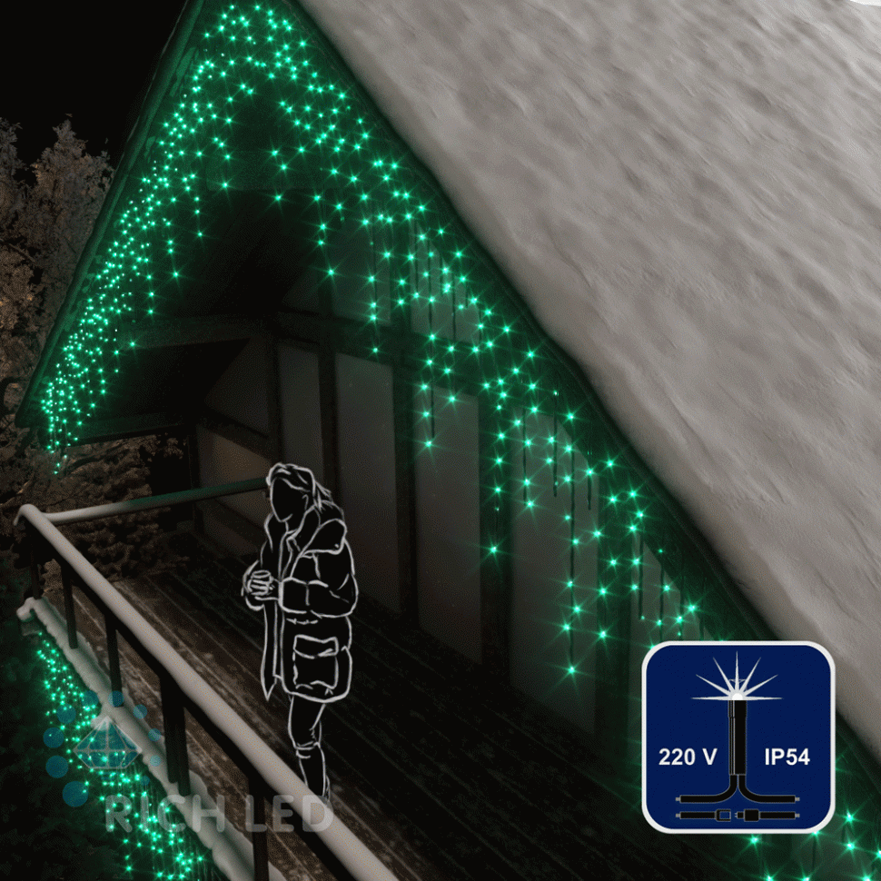 Светодиодная бахрома Rich LED, 3*0.9 м, зеленая,  мерцающая, черный провод, арт. RL-i3*0.9F-B/G