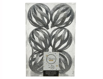 Набор пластиковых шаров Лингвини 80 мм., глитер, 6 шт. серебро, Kaemingk, арт. 515458