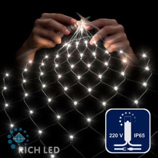 Светодиодная сетка Rich LED 2*1.5 м, белая,202 LED, 220 B, прозрачный провод, колпачок, арт. RL-N2*1.5-CT/W