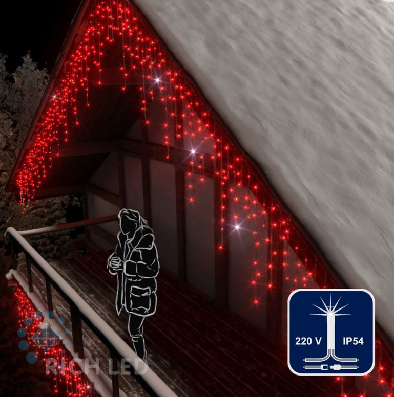 Светодиодная бахрома Rich LED, 3*0.9 м, красная, мерцающая, прозрачный провод, арт. RL-i3*0.9F-T/R