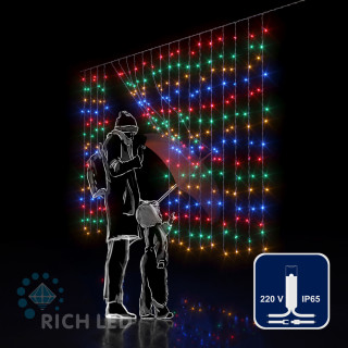 Светодиодный занавес Rich LED 2*1.5 м, облегченный, влагозащитный колпачок, мульти, белый провод, арт. RL-CS2*1.5-CW/M