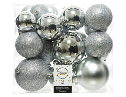 Набор однотонных пластиковых шаров Фон шик, 10/8/6 см., серебро, 26 шт.