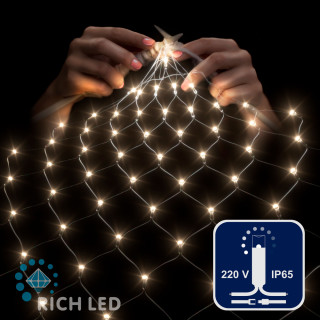 Светодиодная сетка Rich LED 2*1.5 м, тёплая белая,202 LED, 220 B, прозрачный провод., колпачок, арт. RL-N2*1.5-CT/WW