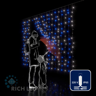 Светодиодный занавес Rich LED 2*1.5 м, облегченный, влагозащитный колпачок, сине-белый, белый провод, арт. RL-CS2*1.5-CW/BW
