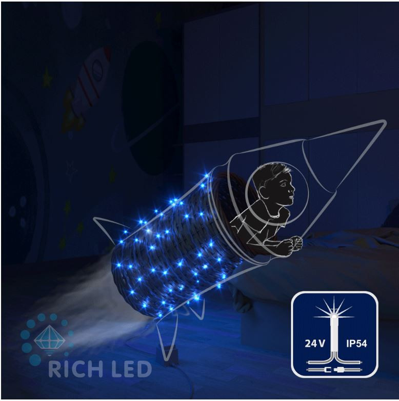Светодиодная гирлянда Rich LED 10 м, 100 LED, 24 В, соединяемая, синяя, мерцающая, прозрачный провод, арт. RL-S10CF-24V-T/B