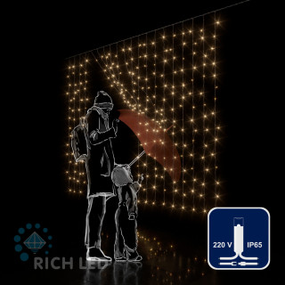 Светодиодный занавес Rich LED 2*1.5 м, облегченный, влагозащитный колпачок, тепло-белый, белый провод, арт. RL-CS2*1.5-CW/WW