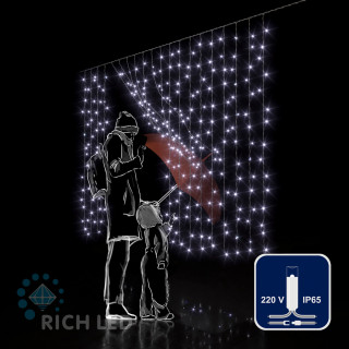 Светодиодный занавес Rich LED 2*1.5 м, облегченный, влагозащитный колпачок, белый, прозрачный провод, арт. RL-CS2*1.5-CT/W