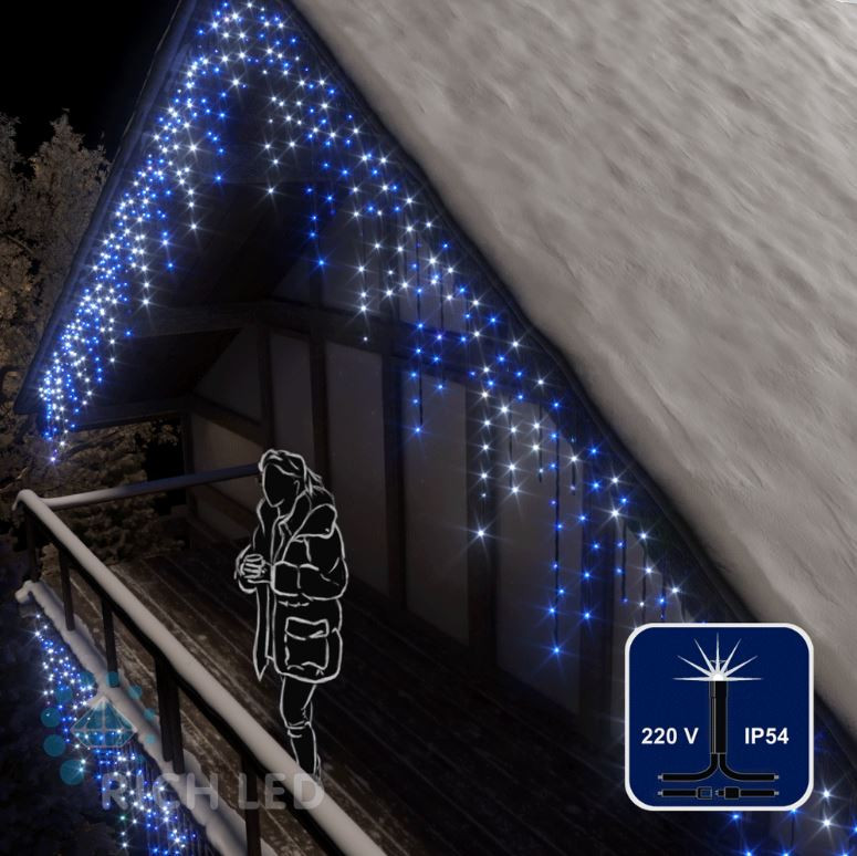 Светодиодная бахрома Rich LED, 3*0.9 м, сине-белая,  мерцающая, черный провод, арт. RL-i3*0.9F-B/BW