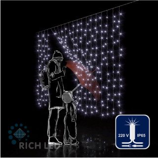 Светодиодный занавес Rich LED 2*1.5 м, облегченный, влагозащитный колпачок, с мерцанием, белый, белый провод, арт. RL-CS2*1.5F-CW/W