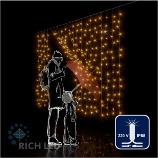Светодиодный занавес Rich LED 2*1.5 м, облегченный, влагозащитный колпачок, с мерцанием, желтый, белый провод, арт. RL-CS2*1.5F-CW/Y