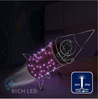 Светодиодная гирлянда Rich LED 10 м, 100 LED, 24 В, соединяемая, фиолетовая, мерцающая, прозрачный провод, арт. RL-S10CF-24V-T/V