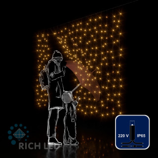 Светодиодный занавес Rich LED 2*1.5 м, облегченный, влагозащитный колпачок, желтый, черный провод, арт. RL-CS2*1.5-CB/Y