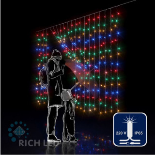 Светодиодный занавес Rich LED 2*1.5 м, облегченный, влагозащитный колпачок, с мерцанием, мульти, белый провод, арт. RL-CS2*1.5F-CW/M