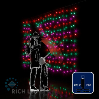 Светодиодный занавес Rich LED 2*1.5 м, облегченный, влагозащитный колпачок, мульти, черный провод, арт. RL-CS2*1.5-CB/M