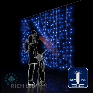 Светодиодный занавес Rich LED 2*1.5 м, облегченный, влагозащитный колпачок, с мерцанием, синий, белый провод, арт. RL-CS2*1.5F-CW/B