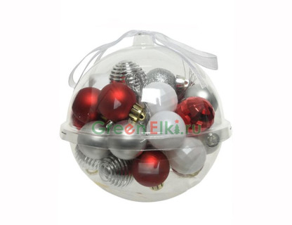 Набор пластиковых шаров Россыпь радости в шаре красный, белый и серебряный, 30 мм, 30 шт., mix, Kaemingk арт. 029222