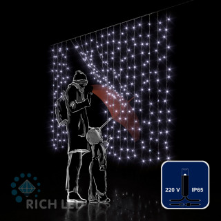 Светодиодный занавес Rich LED 2*1.5 м, облегченный, влагозащитный колпачок, ,белый, черный провод, арт. RL-CS2*1.5-CB/W